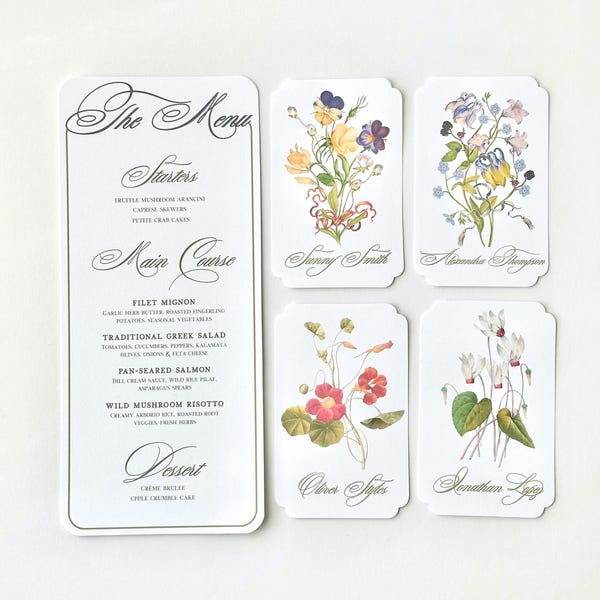 vintage floral menu & name card set | wedding menu | flower menu | flower name card | escort cards | vintage wedding | party place cards