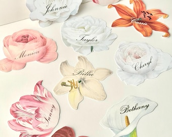 custom flower name cards | wedding name cards | floral theme name cards | paper place cards | dinner botanical name card | escort card