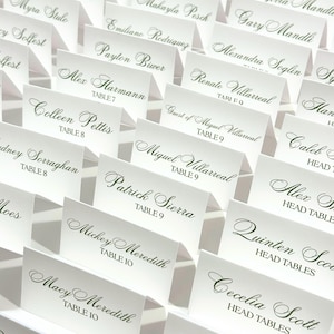 May include: A collection of white place cards with names and table numbers printed in elegant green script. The cards are arranged in rows, creating a formal and organized display, perfect for a wedding or event.