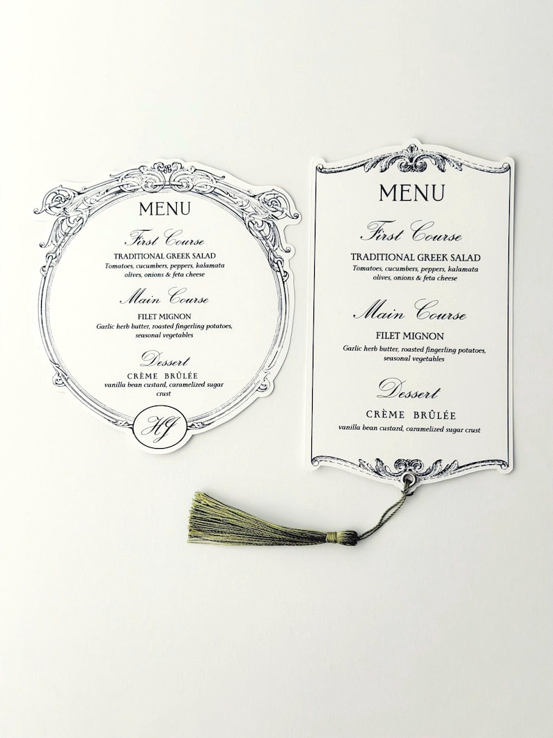 Menu First Course Layout Vintage-inspired Menus | Ornate Black Tie Wedding Menu & Name Cards ...