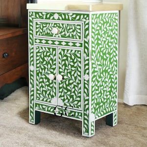 Bone Inlay Nightstand  Floral Pattern Nightstand  Green Floral Pattern  One Drawer  Two Doors