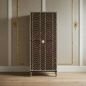 Handcrafted Brown Bone Inlay Cabinet with Chevron Inlay | Luxury Cabinet | Living Room Furniture