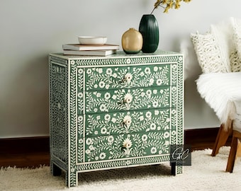 Floral Bone Inlay Chest: Green 4-Drawer Dresser