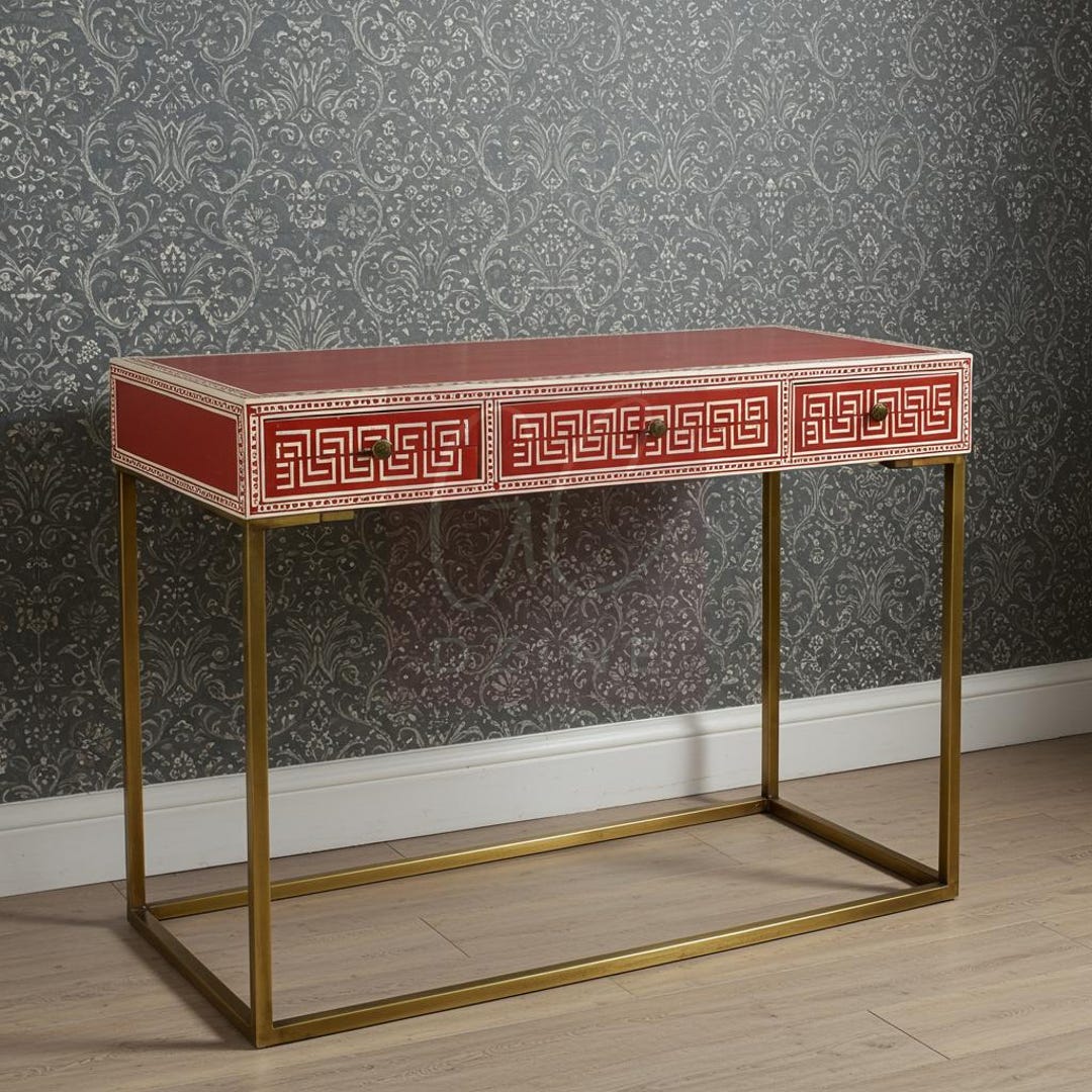 Handcrafted Red Bone Inlay Desk With Greek Key Inlay With Brass Legs ...