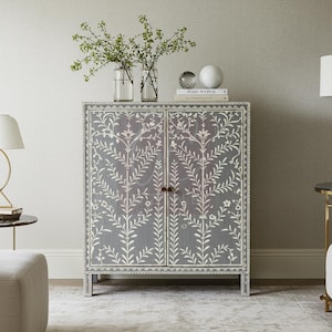 Handcrafted Gray Bone Inlay Cabinet with Herringbone Inlay | Luxury Cabinet | Living Room Furniture