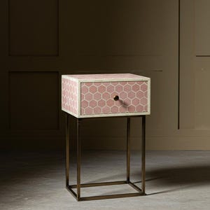Handcrafted Pink Bone Inlay Nightstand with Honeycomb Inlay | One Drawer | Luxury Bedside | Bedroom Furniture