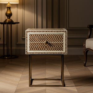 Handcrafted Brown Bone Inlay Nightstand with Herringbone Inlay | One Drawer | Luxury Bedside | Bedroom Furniture