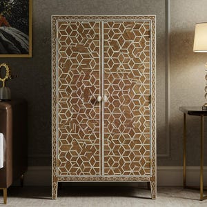 Handcrafted Brown Bone Inlay Cabinet with Honeycomb Inlay | Luxury Cabinet | Living Room Furniture