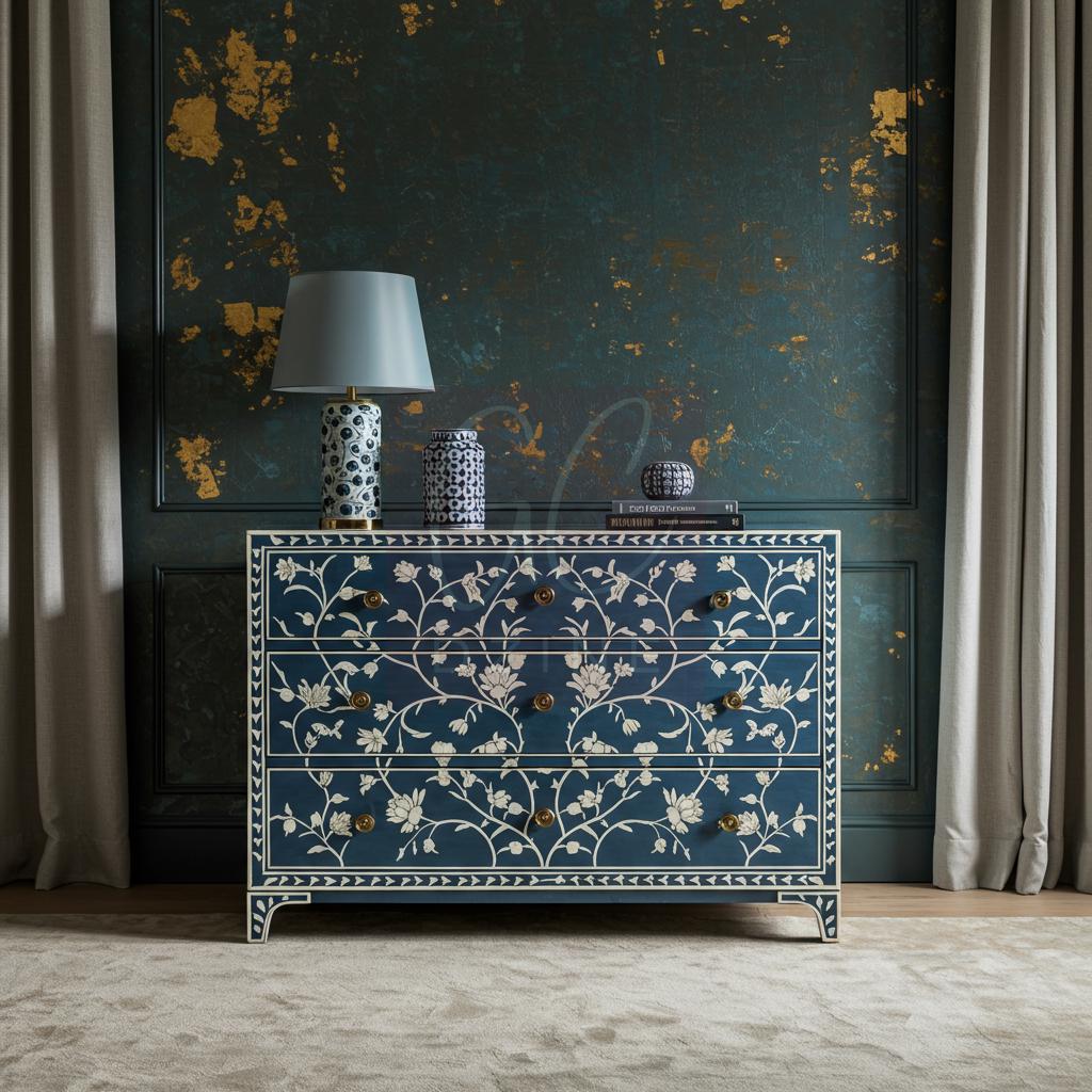 Handcrafted Blue Bone Inlay Dresser: Floral Vine Luxury Furniture