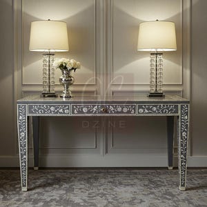 Handcrafted Gray Bone Inlay Desk with Floral vine Inlay | Luxury Desk | Living Room Furniture