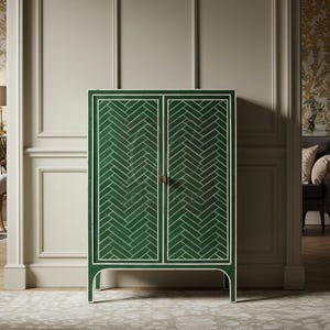 Handcrafted Green Bone Inlay Cabinet with Herringbone Inlay | Luxury Cabinet | Living Room Furniture