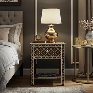 Handcrafted Brown Bone Inlay Nightstand with Quatrefoil Inlay | One Drawer | Luxury Bedside | Bedroom Furniture