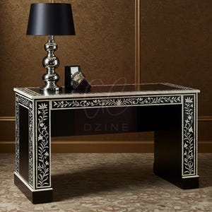 Handcrafted Black Bone Inlay Desk with Floral vine Inlay | Luxury Desk | Living Room Furniture