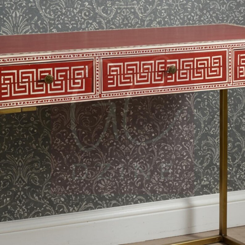 Handcrafted Red Bone Inlay Desk With Greek Key Inlay With Brass Legs ...