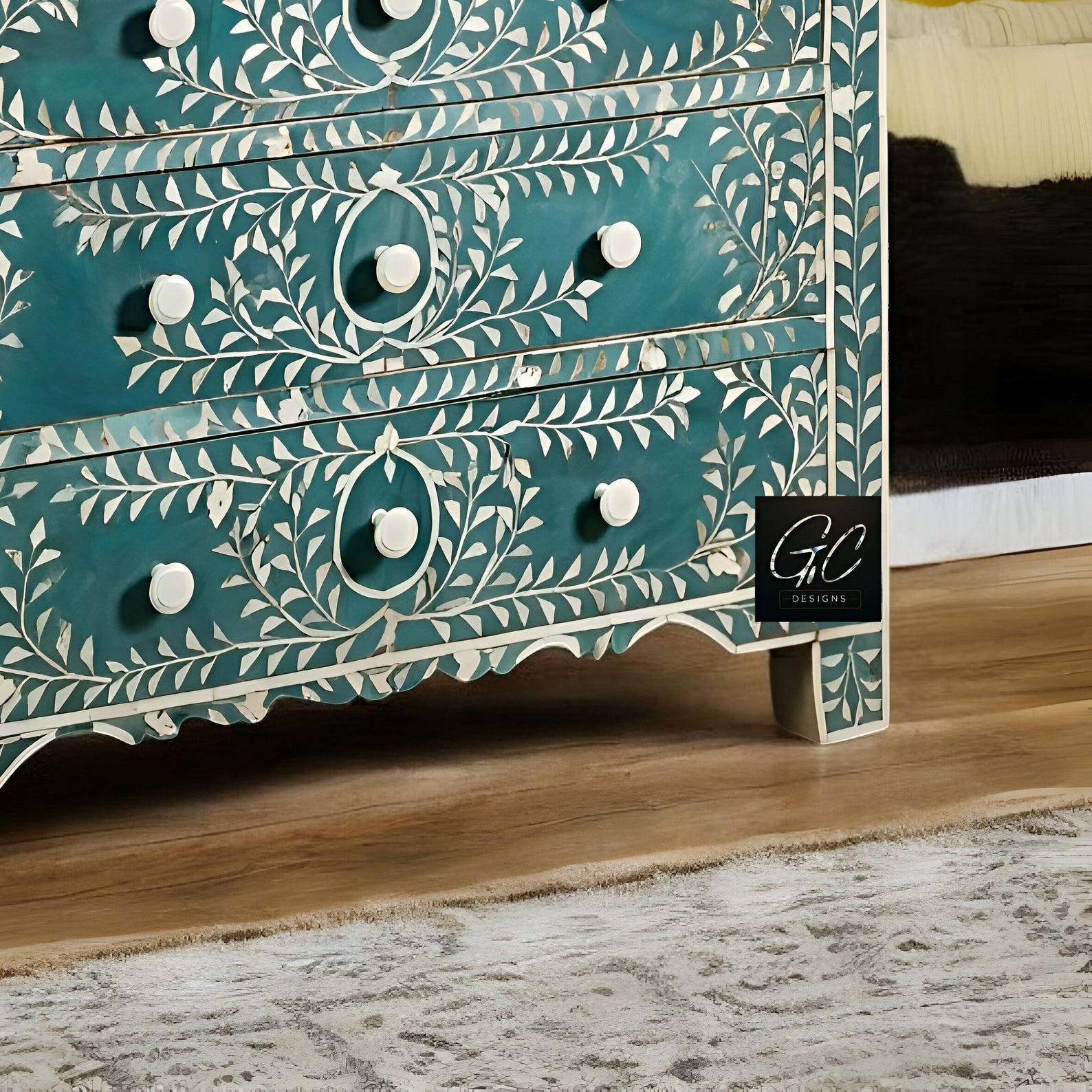 Three Drawer Bone Inlay Chest Floral Pattern Dresser Green Bone Inlay ...