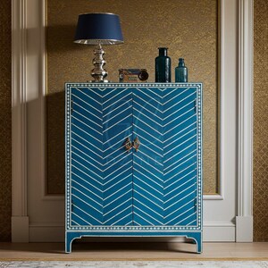 Handcrafted Blue Bone Inlay Cabinet with Chevron Inlay | Luxury Cabinet | Living Room Furniture