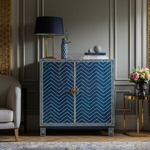 Handcrafted Blue Bone Inlay Cabinet with Chevron Inlay | Luxury Cabinet | Living Room Furniture