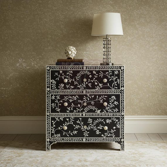 Handcrafted Black Bone Inlay Dresser: Floral Vine Luxury Furniture - Etsy