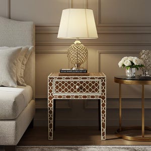 Handcrafted Brown Bone Inlay Nightstand with Quatrefoil Inlay | One Drawer | Luxury Bedside | Bedroom Furniture