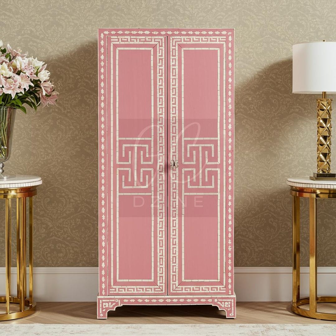 Handcrafted Pink Bone Inlay Cabinet: Greek Key Luxury Furniture - Etsy