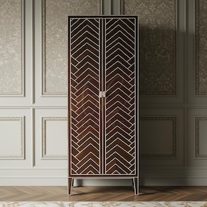 Handcrafted Brown Bone Inlay Cabinet with Chevron Inlay | Luxury Cabinet | Living Room Furniture