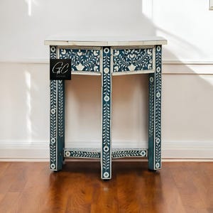 Handmade Navy Blue Bone Inlay End Table: Triangular Accent Table