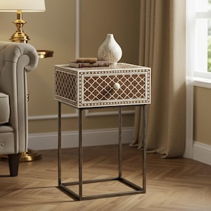 Handcrafted Brown Bone Inlay Nightstand with Quatrefoil Inlay | One Drawer | Luxury Bedside | Bedroom Furniture