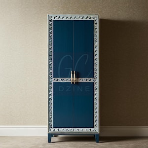 Handcrafted Blue Bone Inlay Cabinet with Greek Key Inlay | Luxury Cabinet | Living Room Furniture