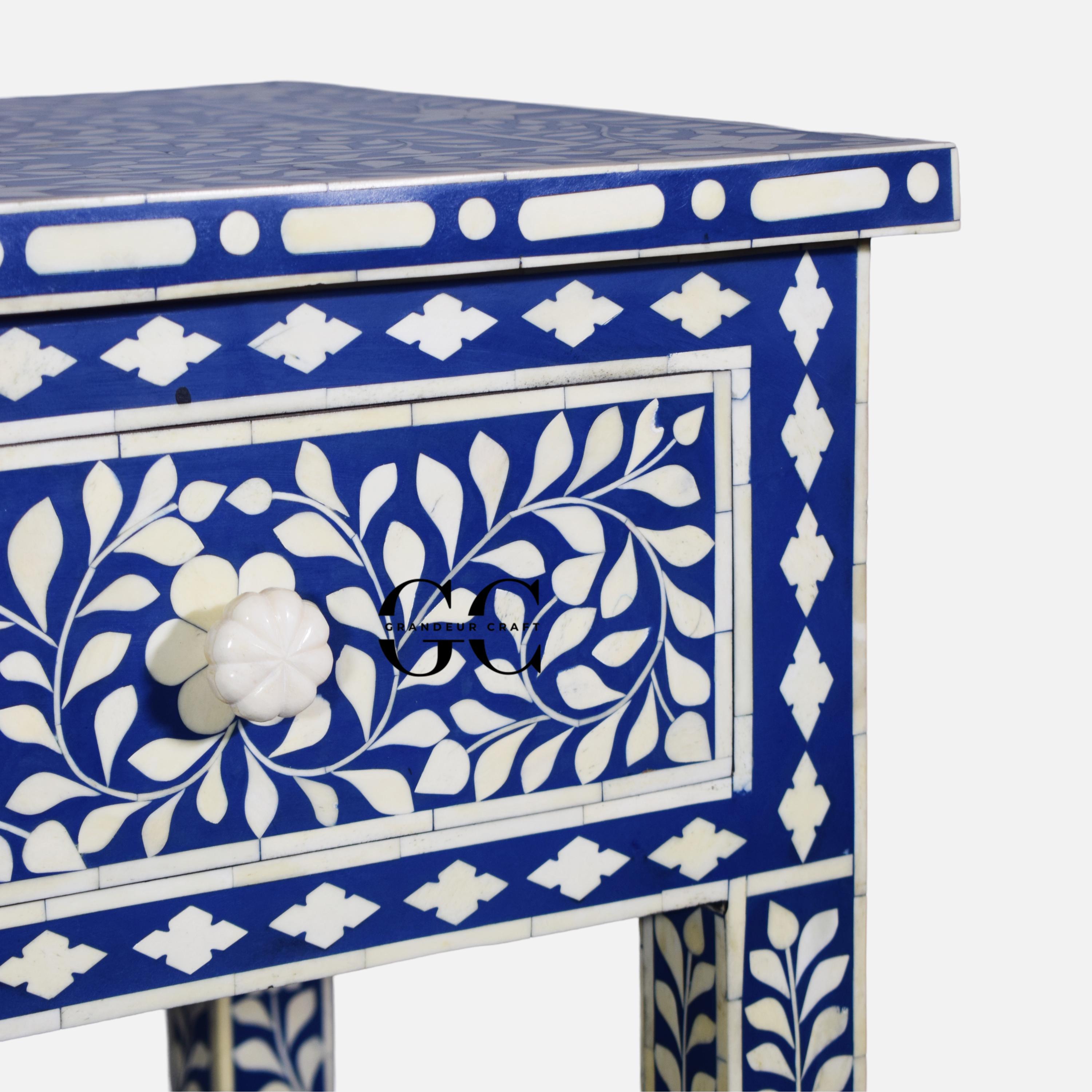 Bone Inlay Desk: Blue Floral 3-drawer Wooden Desk - Etsy