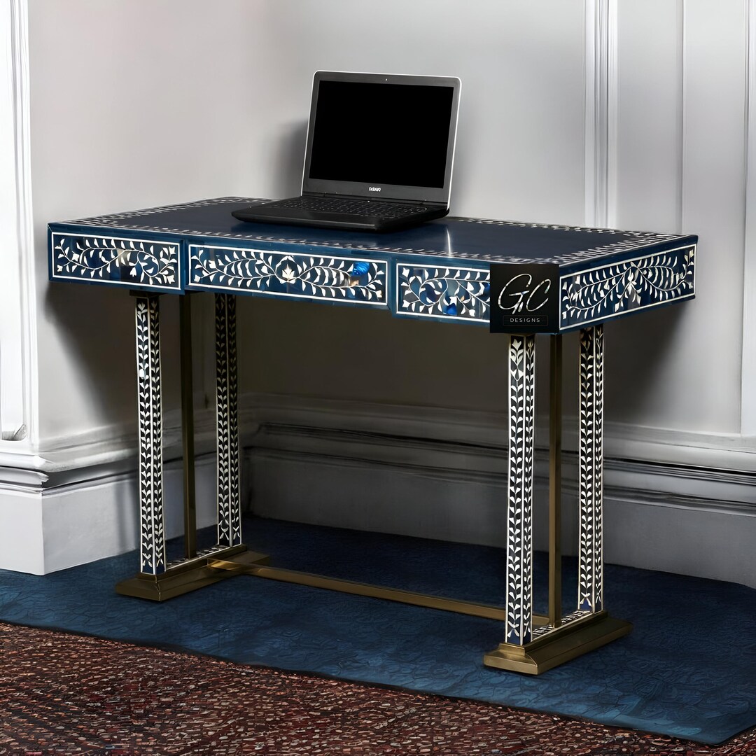 Designer Bone Inlay Workstation | Blue Leaf Bone Inlay Desk | Wooden ...