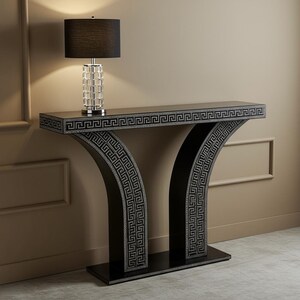 Handcrafted Black Bone Inlay Console Table: Greek Key Design