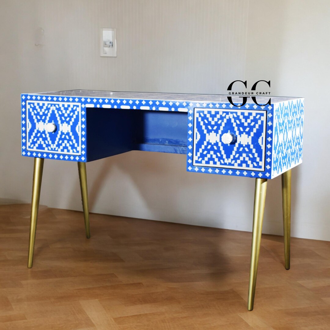 Handmade Bone Inlay Desk: Blue Kitkat Pattern With Brass Legs - Etsy