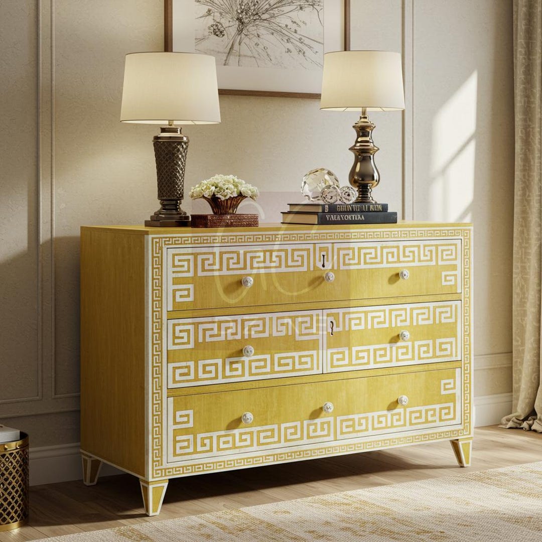Handcrafted Yellow Bone Inlay Dresser With Greek Key Inlay | Luxury ...