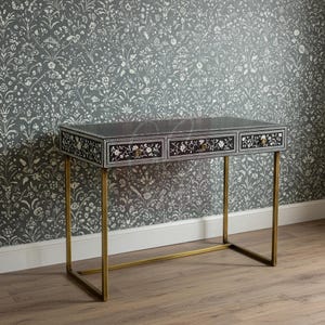 Handcrafted Bone Inlay Desk: Black Floral Vine, Brass Legs