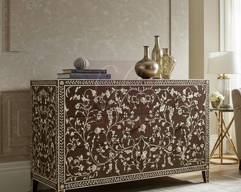 Handcrafted Bone Inlay Dresser: Floral Vine Luxury Furniture