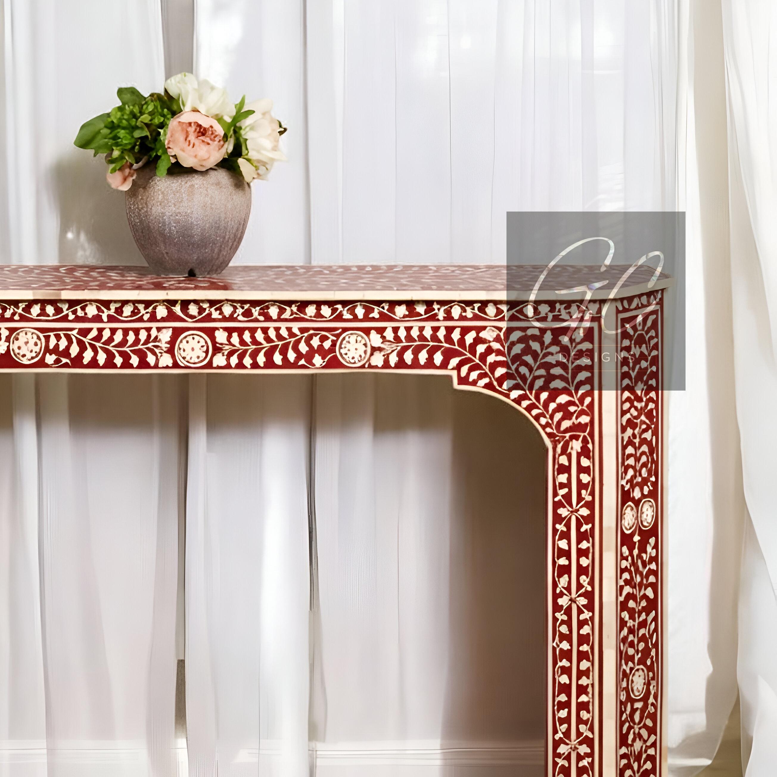 Bone Inlay Console Table Floral Pattern Console Table Heart Shape ...