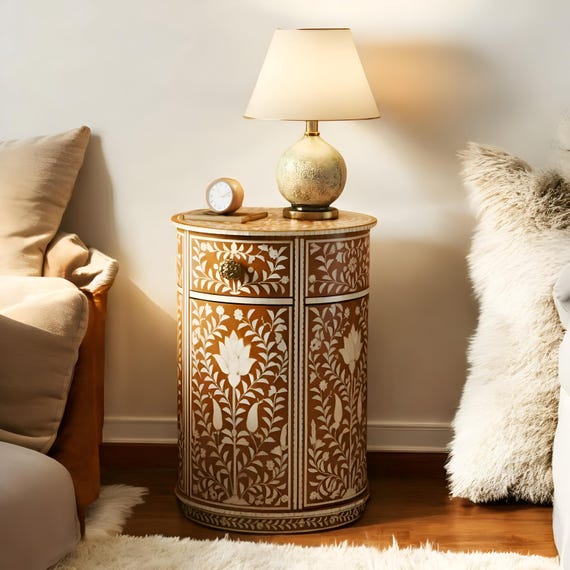 Floral Bone Inlay Round End Table: Light Brown Accent Table