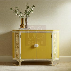 Handcrafted Yellow Bone Inlay Cabinet with Greek Key Inlay | Luxury Cabinet | Living Room Furniture | Console Cabinet