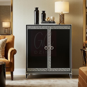 Handcrafted Black Bone Inlay Cabinet with Greek Key Inlay | Luxury Cabinet | Living Room Furniture