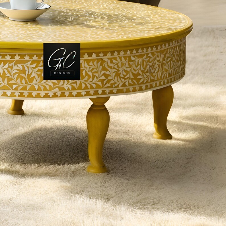 Bone Inlay Floral Coffee Table | Round Yellow Bone Inlay Leg Coffee ...