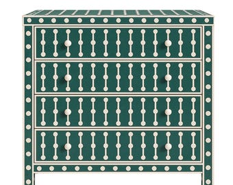 Handmade Bone Inlay Dresser: Green & White Geometric 3-Drawer Chest