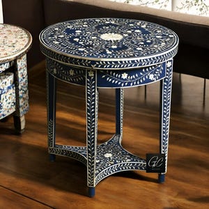Handmade Bone Inlay End Table: Navy Blue Accent Table