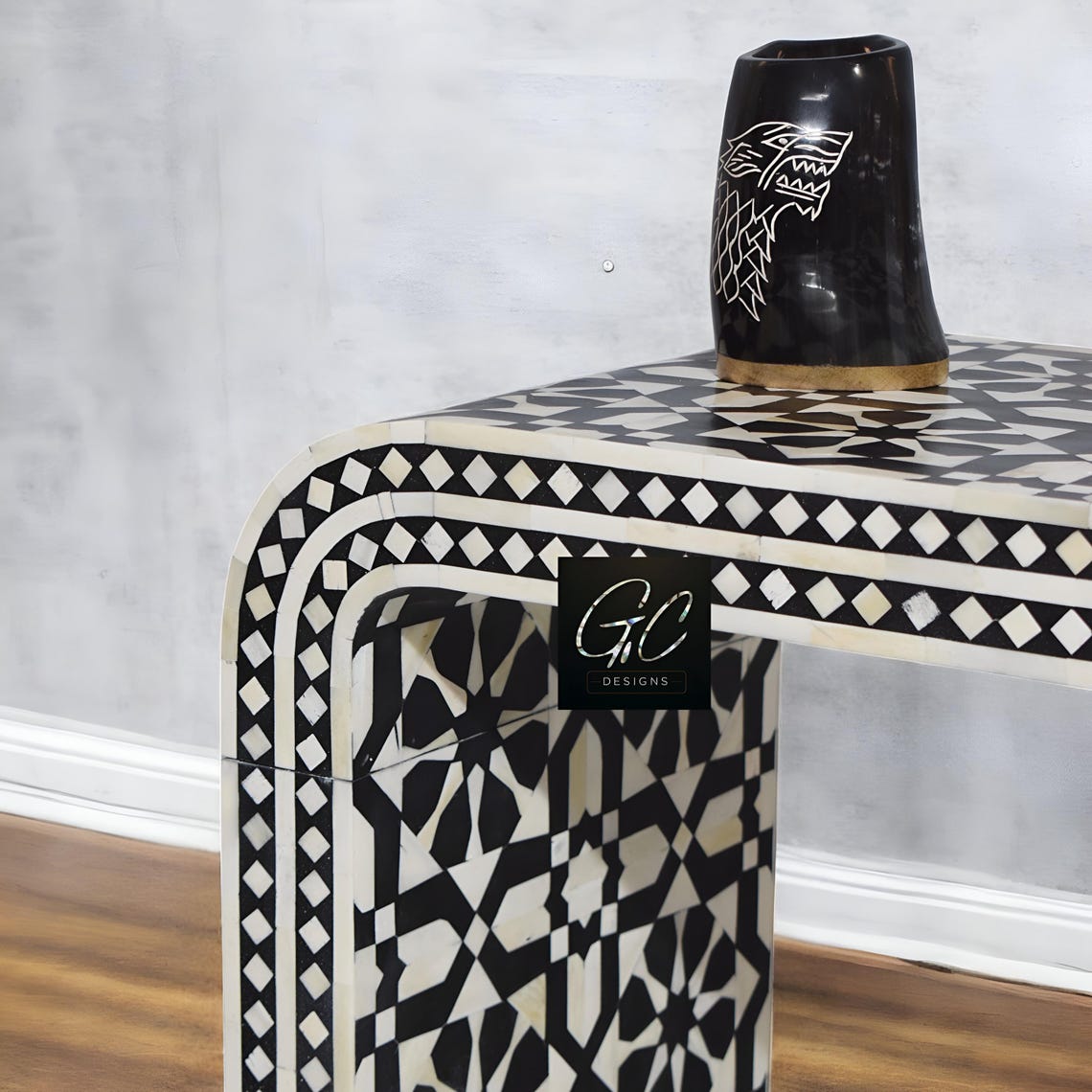 Black Moroccan Bone Inlay Console Table | Moroccan Pattern Console ...