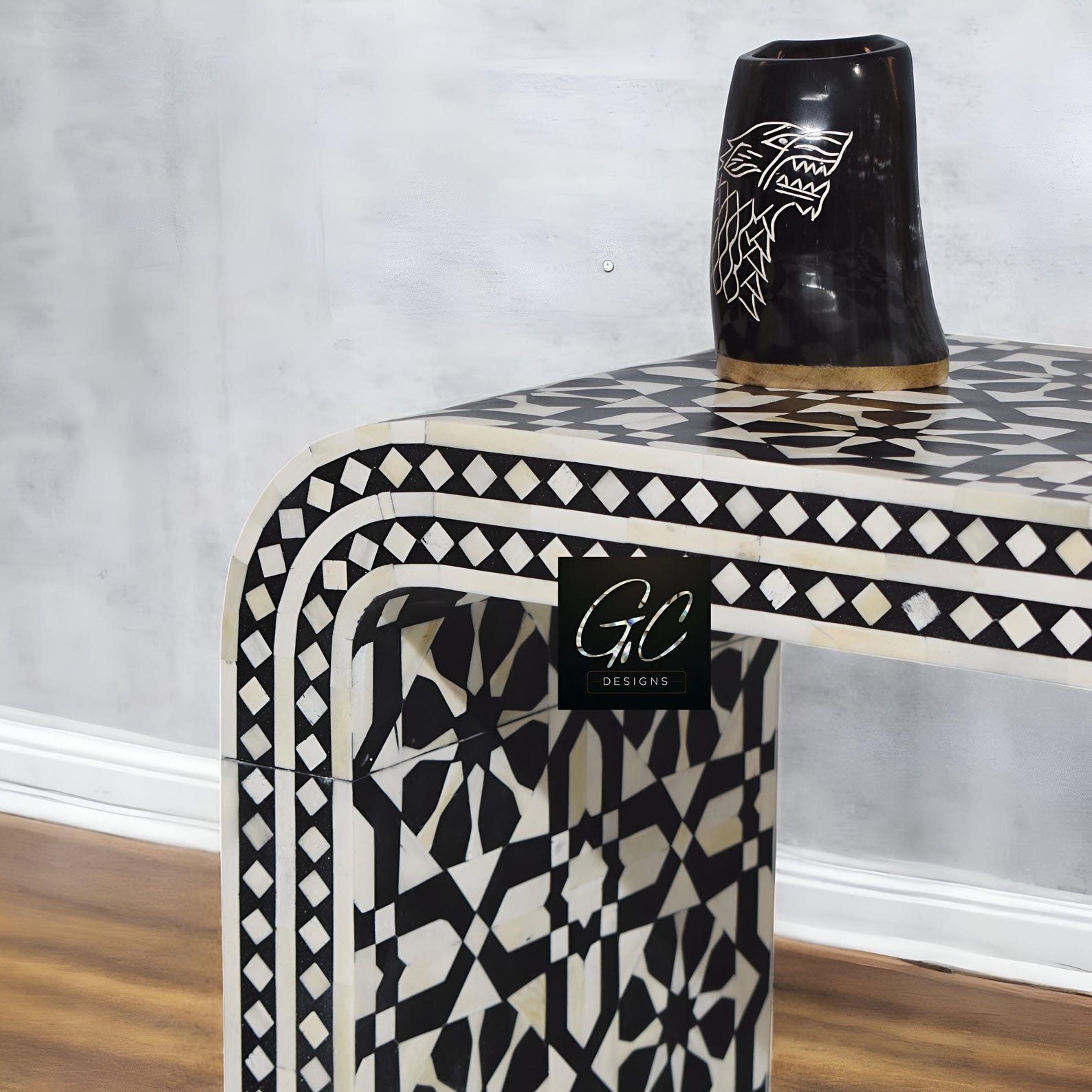 Black Moroccan Bone Inlay Console Table | Moroccan Pattern Console ...