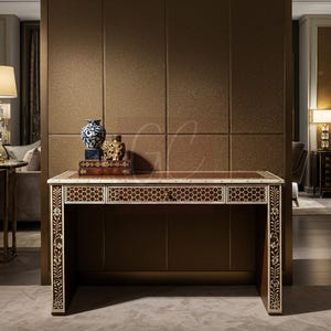 Handcrafted Brown Bone Inlay Desk with Honeycomb Inlay | Luxury Desk | Living Room Furniture