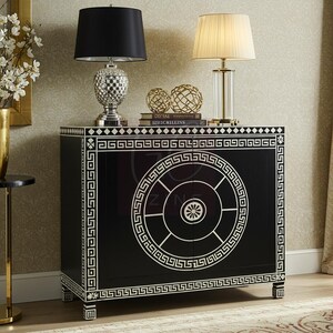 Handcrafted Black Bone Inlay Cabinet with Greek Key Inlay | Luxury Cabinet | Living Room Furniture