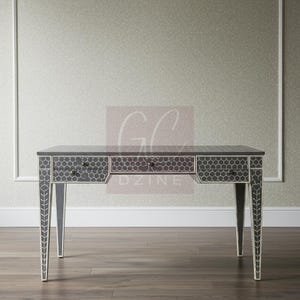 Handcrafted Gray Bone Inlay Desk with Honeycomb Inlay | Luxury Desk | Living Room Furniture