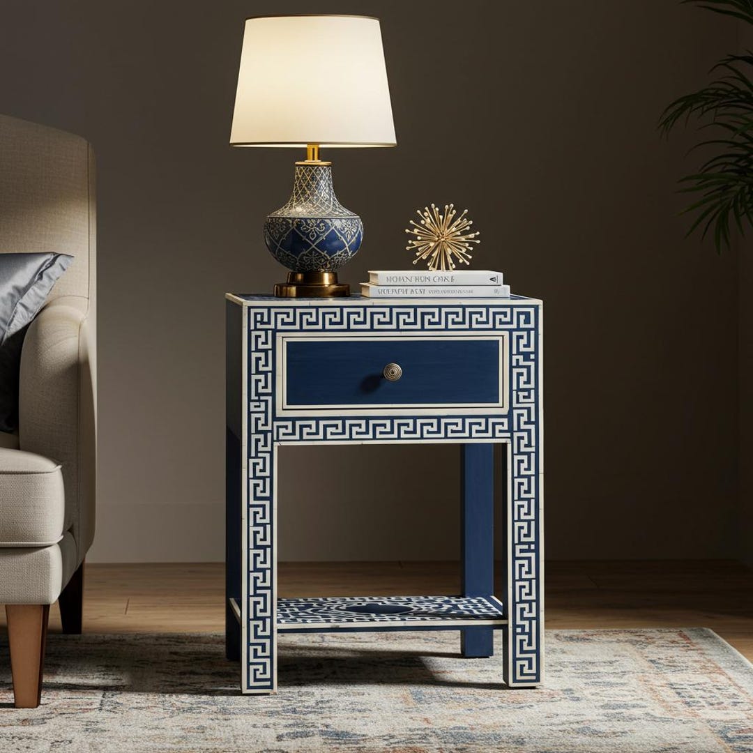 Handcrafted Navy Blue Bone Inlay Nightstand With Greek Key Inlay | One ...