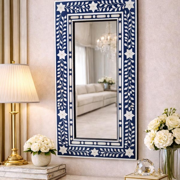 Handcrafted Mother of Pearl Mirror Frame: Floral Inlay Wall Decor