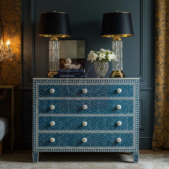 blue bone inlay dresser Handcrafted Moroccan Style Blue Bone Inlay Chest Of Drawers… – Menthome USA main image 1